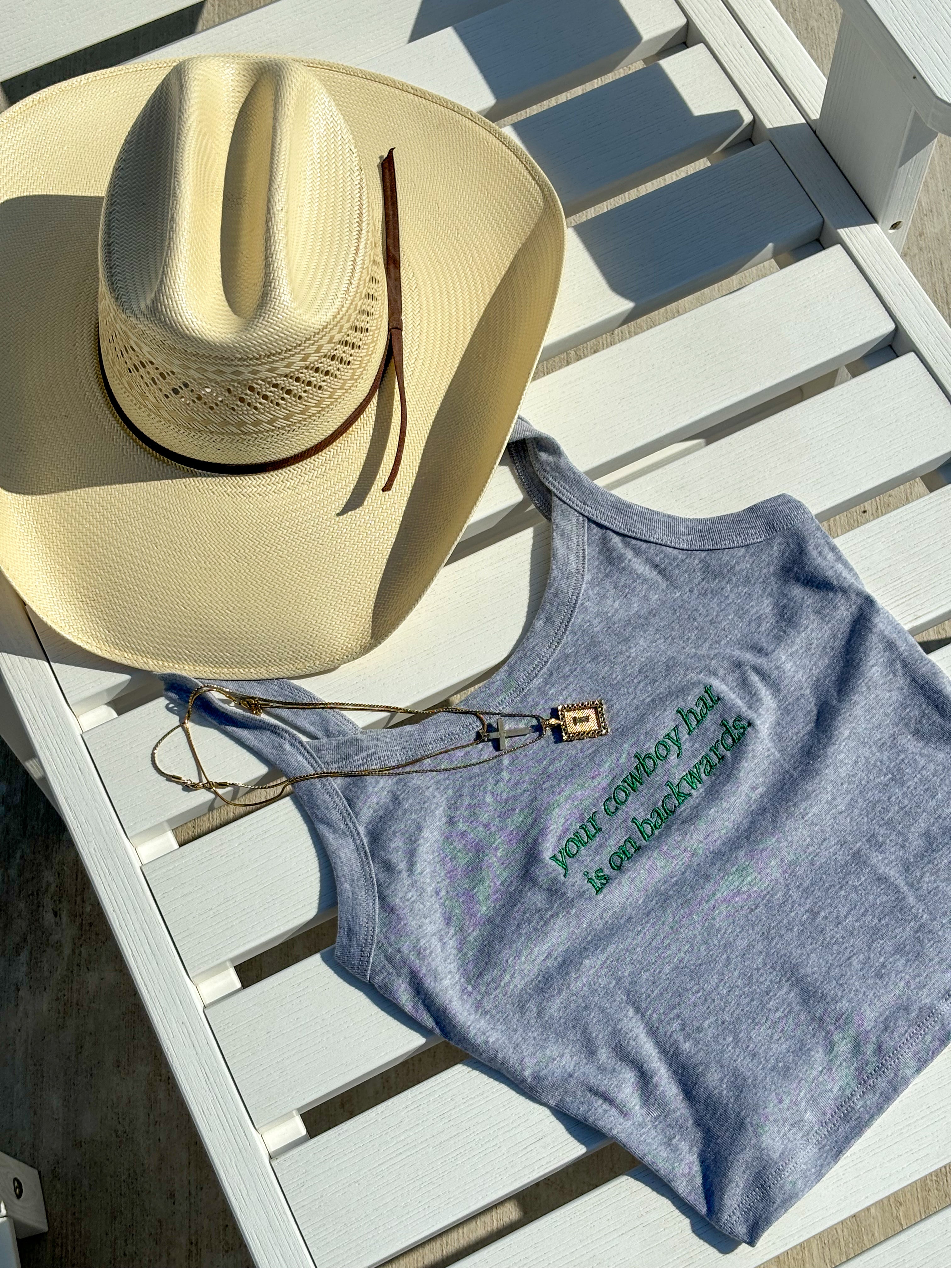 “Your Cowboy Hat Is On Backwards” Crop Tank Gray & Green