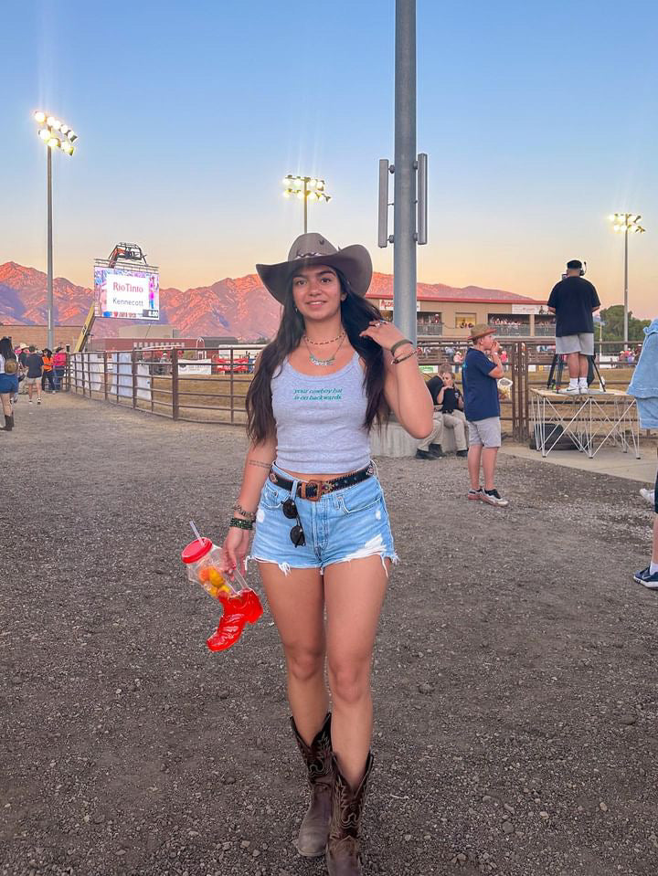 “Your Cowboy Hat Is On Backwards” Crop Tank Gray & Green