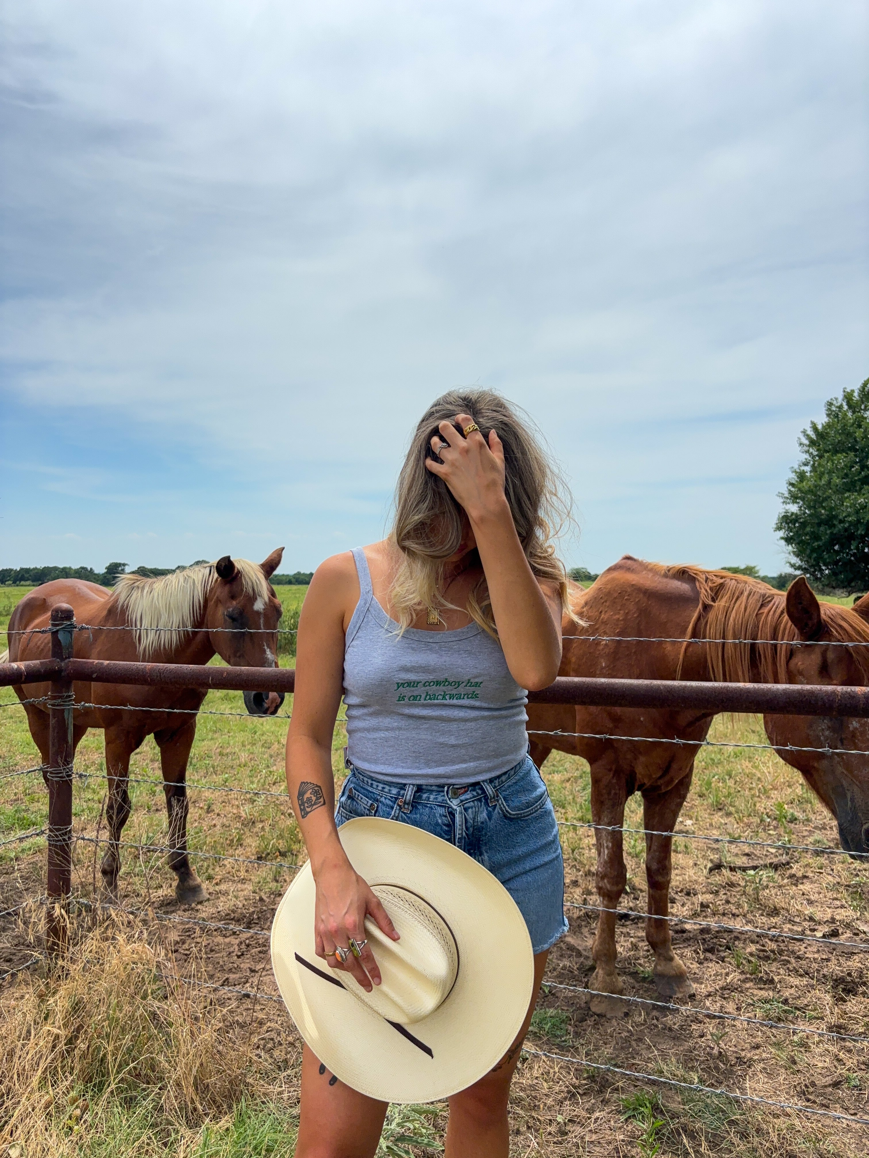 “Your Cowboy Hat Is On Backwards” Crop Tank Gray & Green