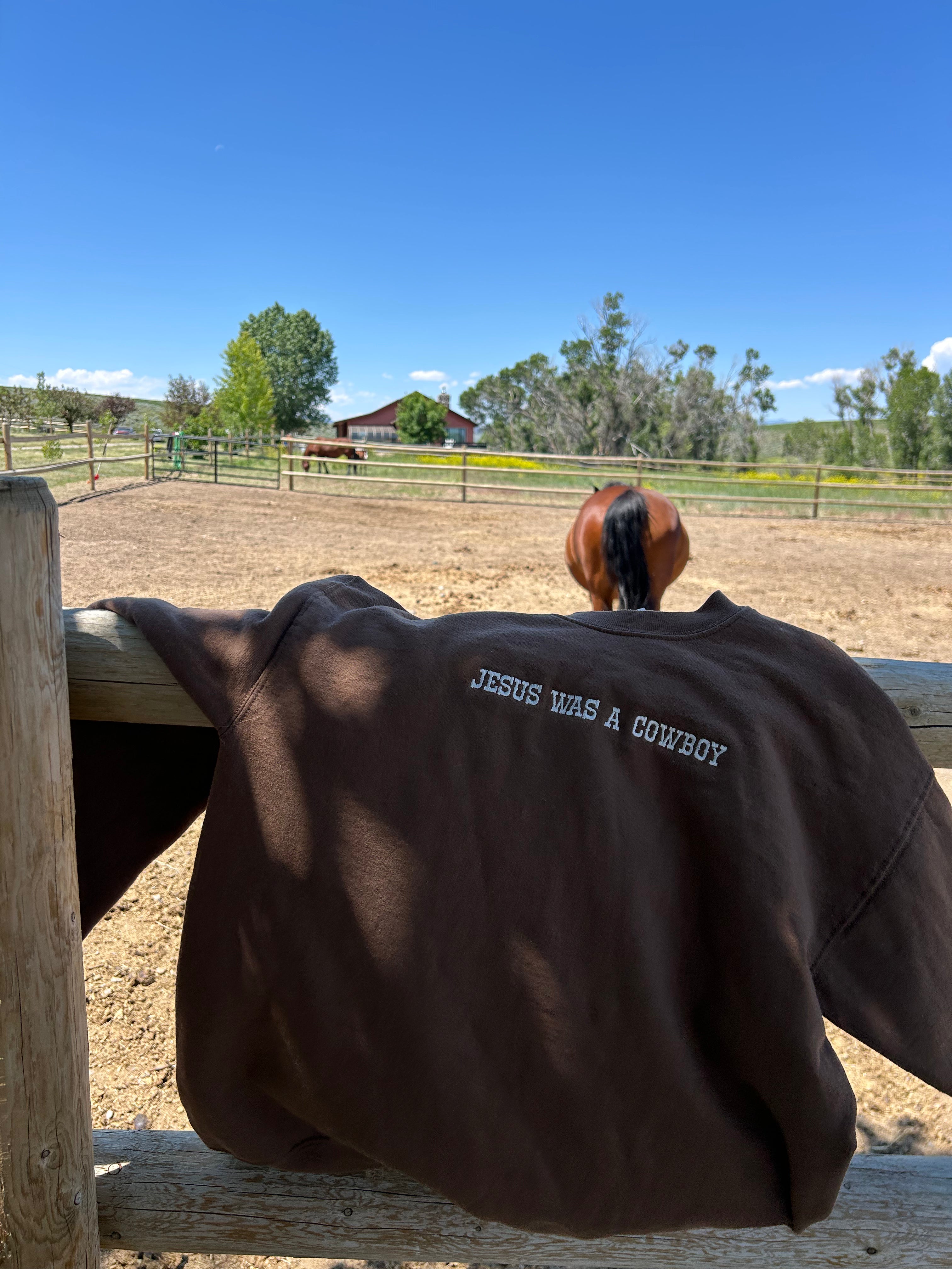 "Jesus was a Cowboy" Brown Crewneck
